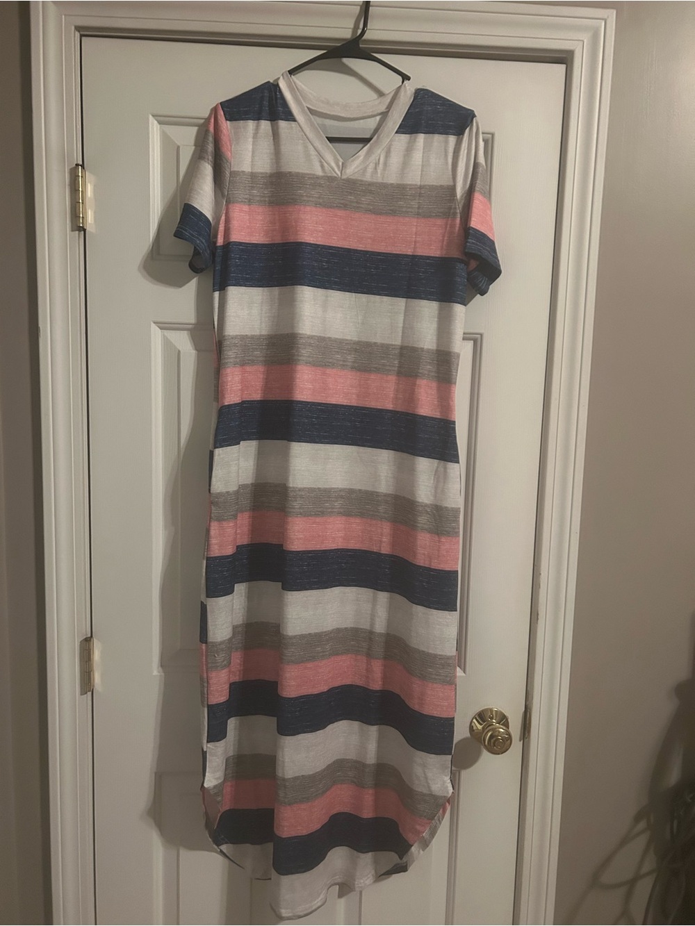 Striped Short Sleeve V-Neck Women’s Dress in Pink, Navy & Gray
